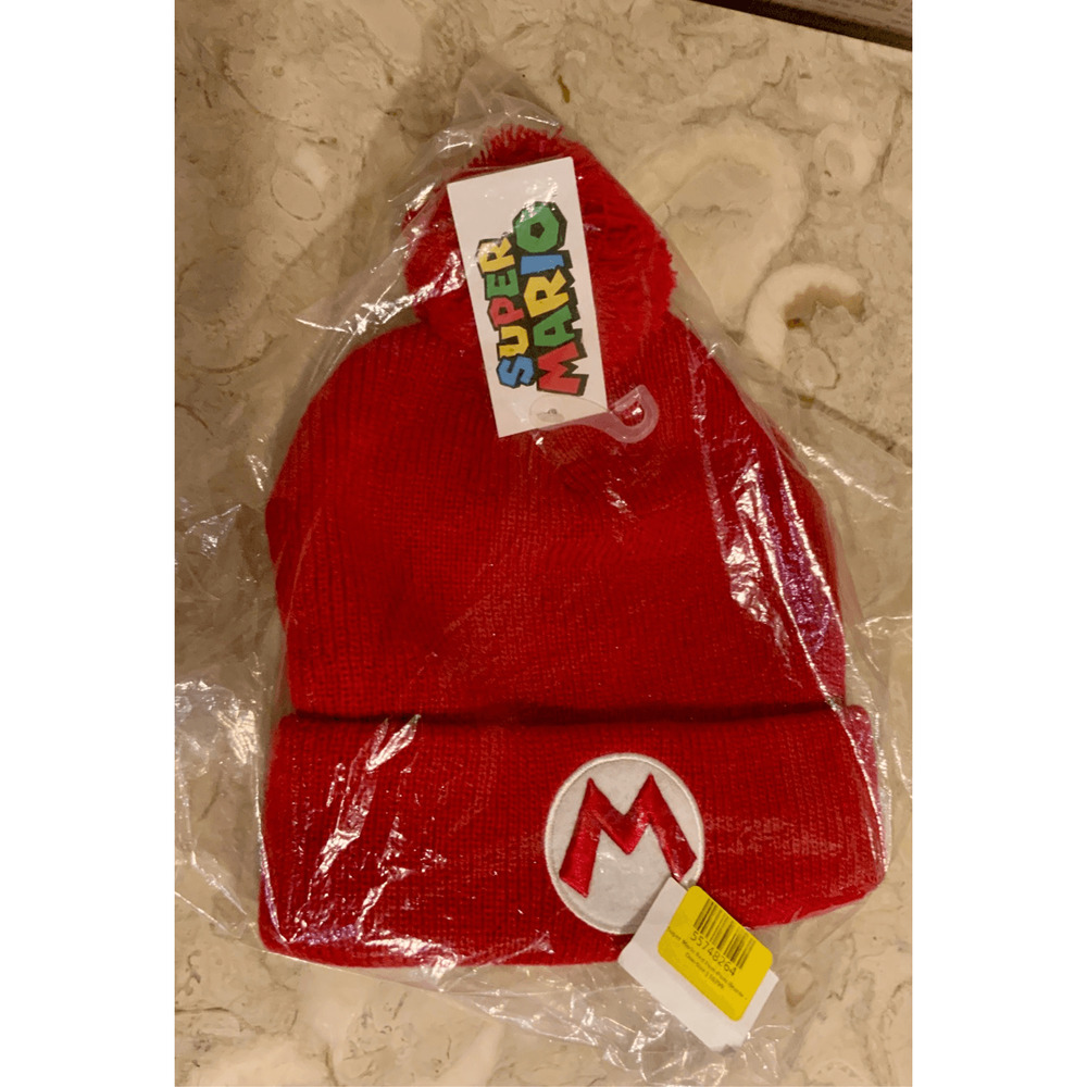 Nintendo Super Mario Bros. M" Logo Beanie Knit Hat ~ Red Ribbed